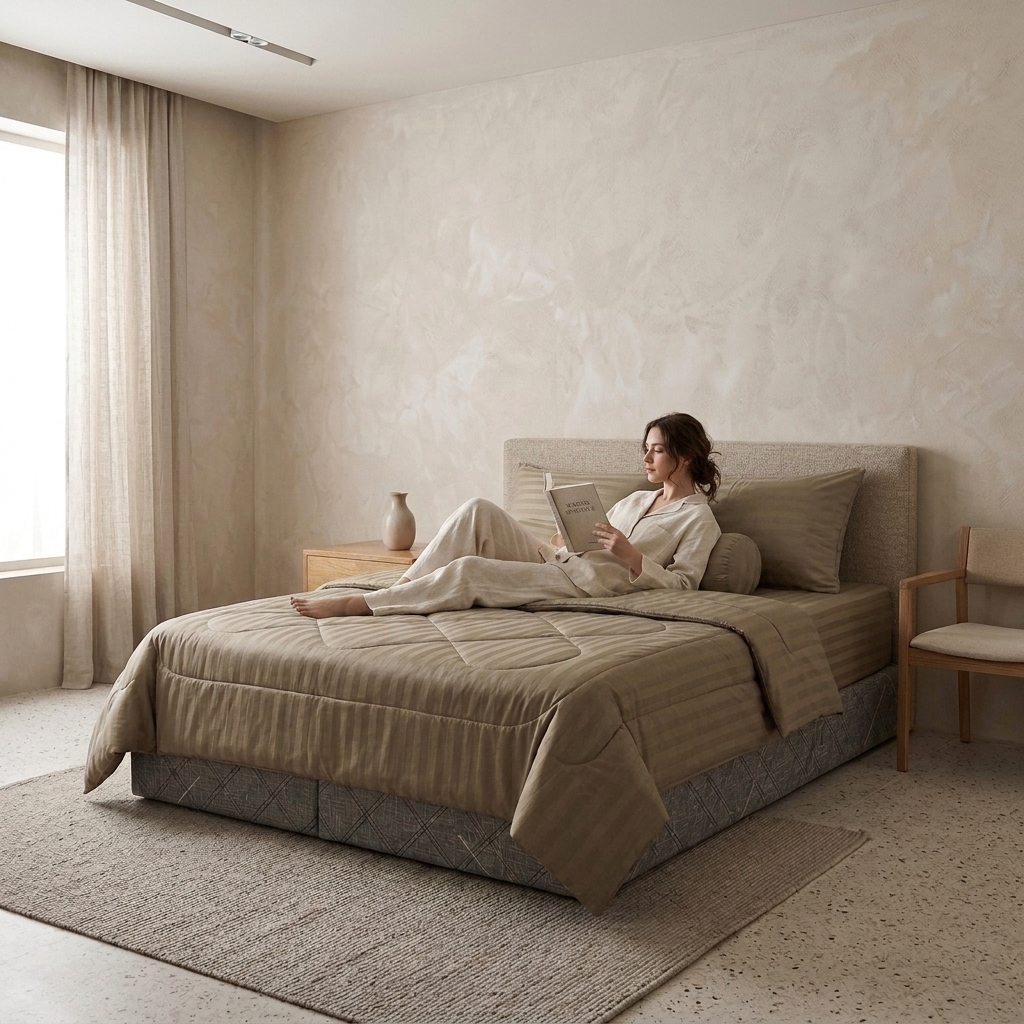 Bộ Chăn Ga Gối Cotton Poly Sọc Satin Cao Cấp 3 Màu Sang Trọng - Xám Sáng, Nâu Khaki, Xám Đậm - Đầy Đủ Kích Thước